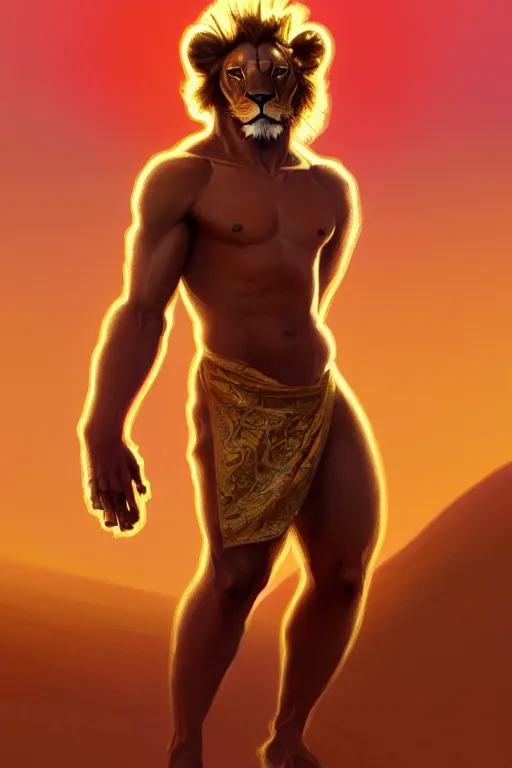 Prompt: full figure beautiful young fit antrophomorphic male lion, dressed with multicolored fluent clothes, luminous scene, by greg rutkowski and alphonse mucha, d & d character, gradient red to gold, in front of a dune desert background, highly detailed portrait, digital painting, artstation, concept art, smooth, sharp focus illustration, artstation hq