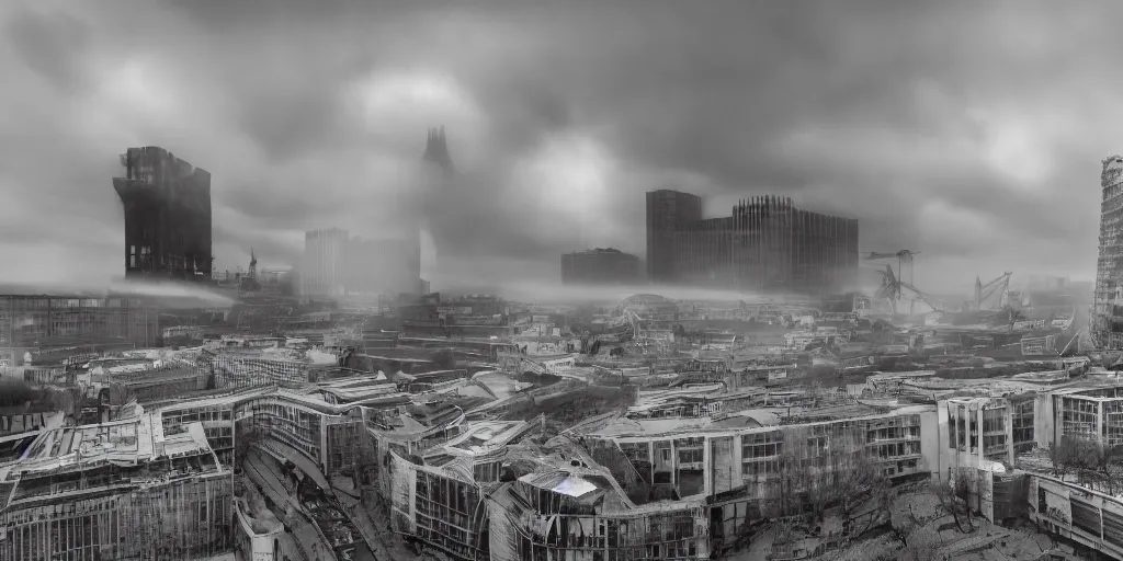 Prompt: a nuclear landscape of the southbank centre in london, the london eye and big ben are still standing, collapsed brutalist architecture, groups of human figures stagger amongst the ruins, fog, dust atmosphere, brooding clouds, mushroom cloud, detailed, 4k