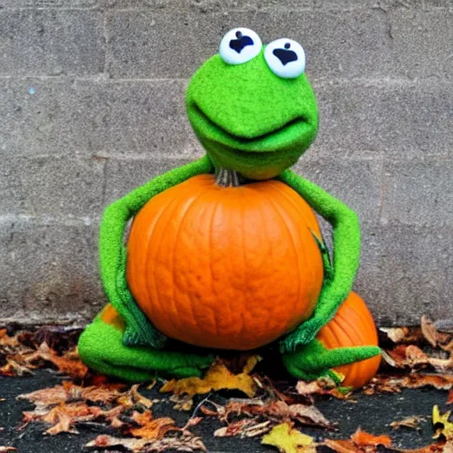 Prompt: a pumpkin kermit the frog, photography,