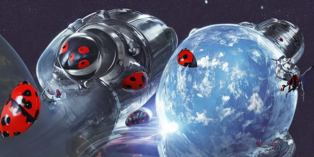 Image similar to a 3 d rendered movie still a ladybug descendant 1 million into the future. the ladybug is sentient, wears a spacesuit, and explores cosmos in a super awesome space ship. science fiction blockbuster movie ladybugs rule the world or my stepmom is a ladybug from the future, imax 7 0 mm. 2 0 0 1 a space odyssey ( film )