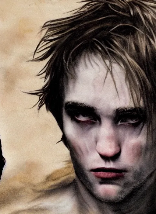 Prompt: scary shot of the sandman with pale skin and black messy hair, robert pattinson, looking back at camera in godlike and villainous way, while eyes shine like white stars above, haunting face, female face, oil painting