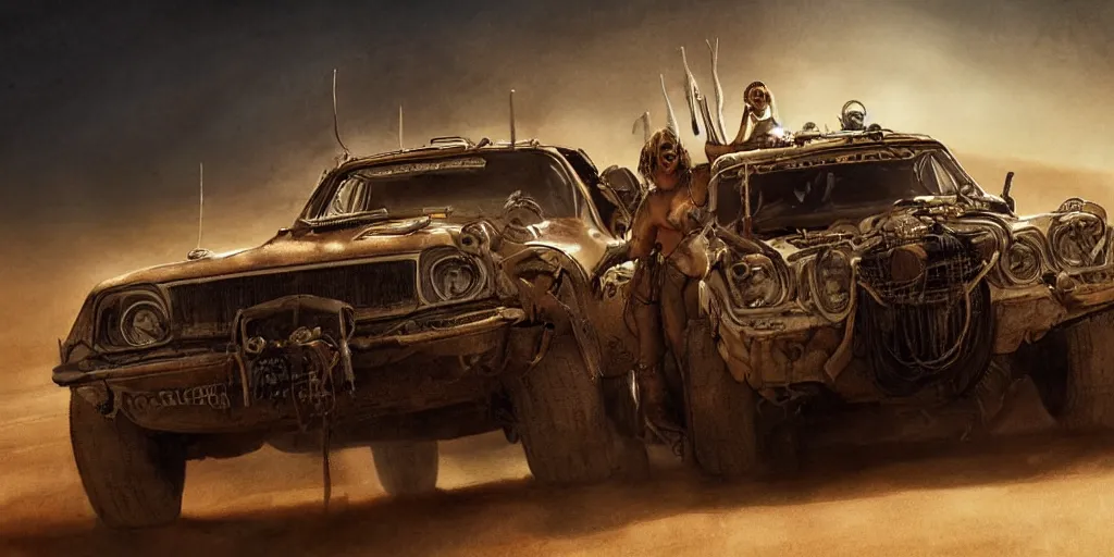 Prompt: an environmental concept art from mad max fury road, single muscle car speeding through the desert, highly detailed, cinematic, dramatic lighting by francis tneh