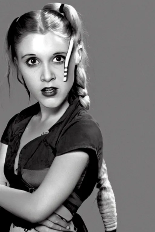 Image similar to young Carrie Fisher as Harley Quinn