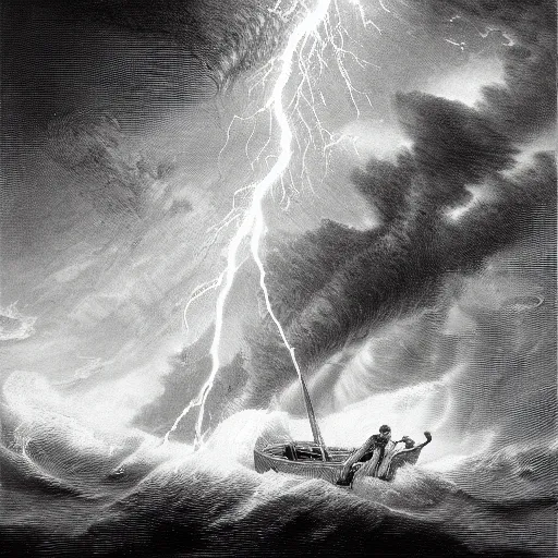 Image similar to drawing of pepe the frogs sailing through a lightning storm above a stormy ocean, by gustave dore, nineteenth century, black and white, vintage, science fiction, epic composition, dramatic lighting, highly detailed, cinematic horror, sci fi