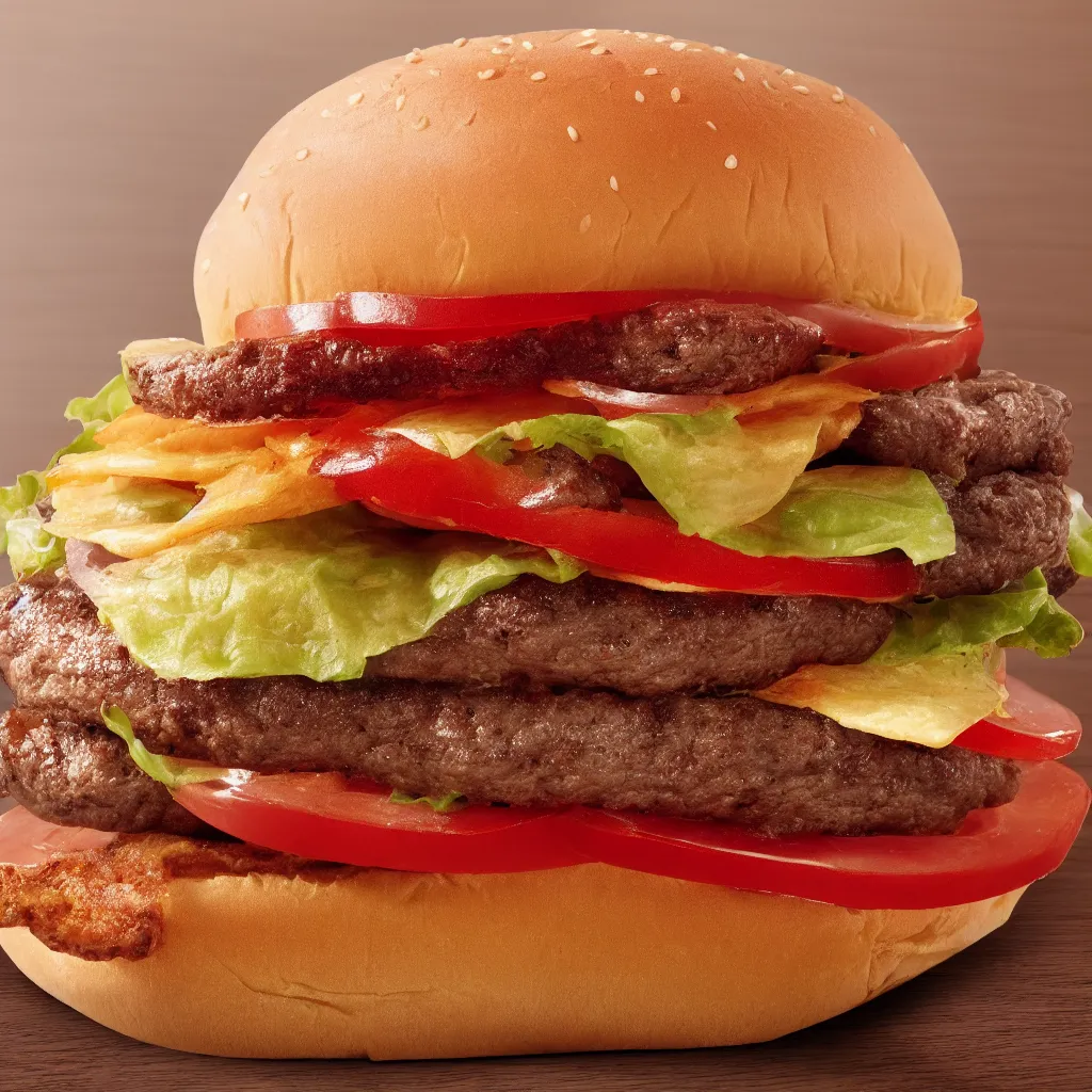 Prompt: close up view of a hamburger on top of a wooden table, 8k, photorealistic, proper shading