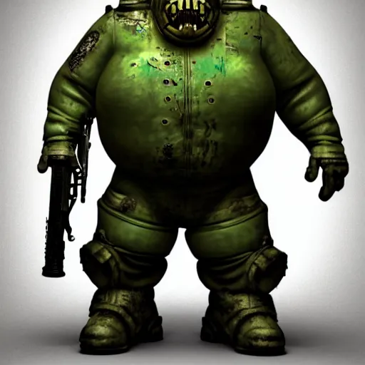Prompt: highly detailed steampunk morbid obese undead heavy soldier with heavy machine guns, intricate, rusty, green radioactive glow, toxic waste, 3D render
