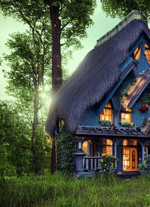 Image similar to hyper realistic homely ornate witch cottage architectural, in the woods gorgeous lighting, blue sky, highly detailed, lush forest architectural render, octane render, ue 5 raytraced