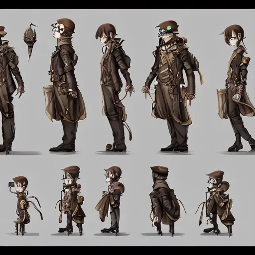 Prompt: a steampunk minion, character concept, character reference sheet. By Makoto Shinkai, Stanley Artgerm Lau, WLOP, Rossdraws, James Jean, Andrei Riabovitchev, Marc Simonetti, krenz cushart, Sakimichan, trending on ArtStation, digital art. Clear and detailed.