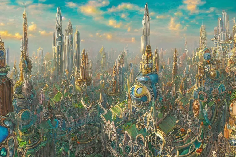 Prompt: Detailed render of Fantasy City built from White Domes by Michael Whelan and Benjamin Lacombe and Megan Duncanson, super details, colorful, ornate background, intricate details