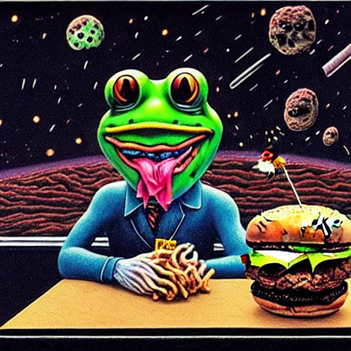 Image similar to a man with a frog head eating cheeseburger in front of devastating broken building in space, by by otto dix, junji ito, hr ginger, jan svankmeyer, beksinski, claymation, hyperrealistic aesthetic, masterpiece