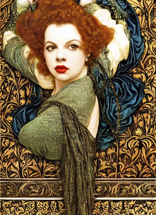 Prompt: masterpiece of intricately detailed preraphaelite photography portrait face hybrid of judy garland and a hybrid of lady gaga and ingrid bergman, sat down in train aile, inside a beautiful underwater train to atlantis, betty page fringe, medieval dress yellow ochre, by william morris ford madox brown william powell frith frederic leighton john william waterhouse hildebrandt