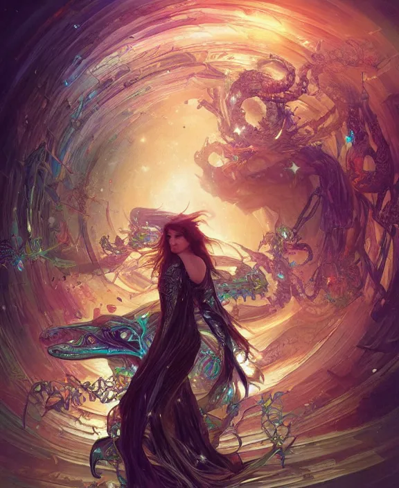 Image similar to a whirlwind of souls rushing inside the metaverse, half body, glowin eyes, jewelry, insect, lizard, d & d, fantasy, intricate, elegant, highly detailed, colorful, vivid color, digital painting, artstation, concept art, art by artgerm and greg rutkowski and alphonse mucha and ruan jia