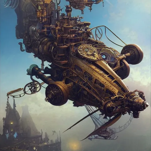 Prompt: a highly detailed digital image of a steampunk flying machine, concept art, artstation, cgsociety, very detailed, intricate, detailed illustration, by greg rutkowski and alphonse mucha, Paul Lehr and Beeple, iridescent accents, ray tracing, product lighting, sharp, smooth, masterpiece, cinema 4D