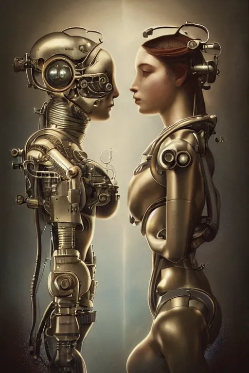 Image similar to a beautiful ultradetailed vintage photo of two cyborgs facing away from each other, by tom bagshaw and anna dittman, couples portrait, vignette, 35mm lens, golden ratio composition, detailed faces, studio photography, very detailed, humanoids, industrial robots, artstation, 8k, highly coherent