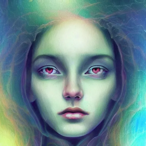 Image similar to beautiful detailed artistic portrait of a person travelling between different astral planes. grainy and rough. fine detail. soft colour scheme. artistic painting by lurid ( 2 0 2 2 ). featured on deviantart.