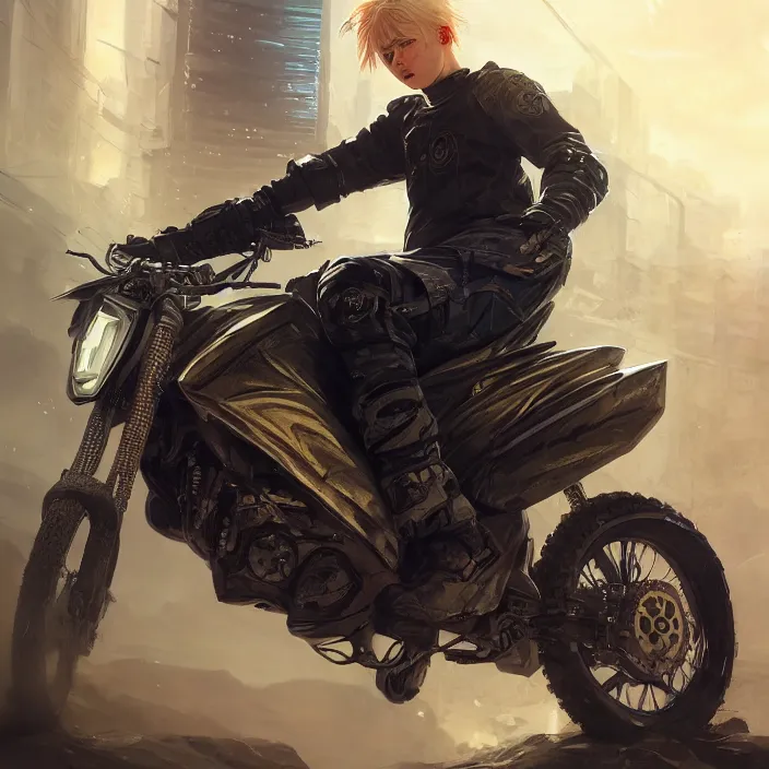 Image similar to beautiful blonde teenage boy wearing cyberpunk intricate streetwear riding dirt bike, beautiful, detailed portrait, cell shaded, 4 k, concept art, by wlop, ilya kuvshinov, artgerm, krenz cushart, greg rutkowski, pixiv. cinematic dramatic atmosphere, sharp focus, volumetric lighting, cinematic lighting, studio quality