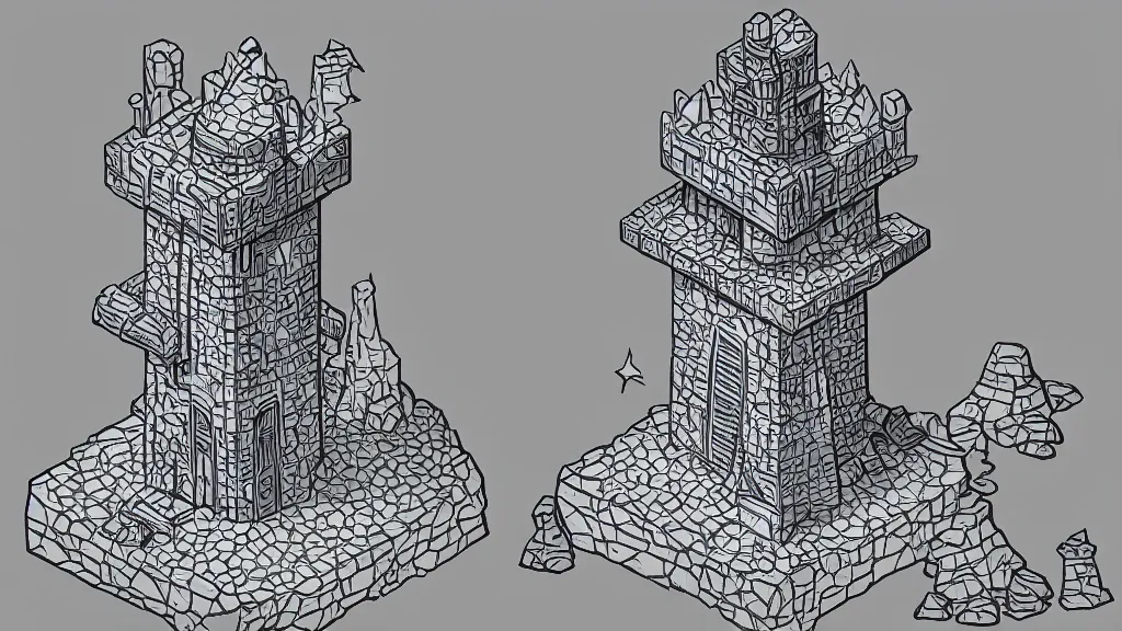 Image similar to isometric view of a wizard tower that's surrounded by rocks and mountains, lineart