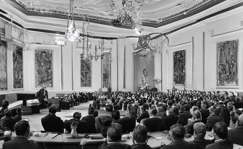 Prompt: 60s movie still of a CCCP congress with soviet flags and a bronze statue of Karl Marx stanilist style palace interior, by Irving Penn , cinestill 800t 35mm black and white, heavy grainy picture, very detailed, high quality, 4k, HD criterion, precise texture