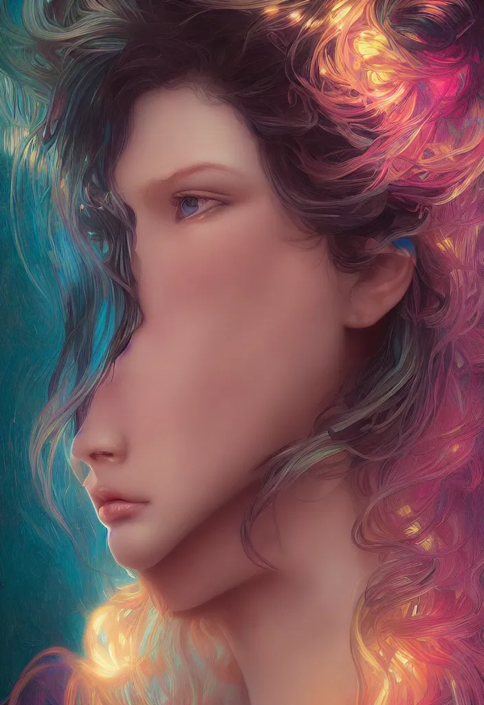 Image similar to beautiful, young woman, detailed gorgeous face, sad eyes, crying, vaporwave aesthetic, synthwave, colorful, psychedelic, artstation, concept art, smooth, extremely sharp detail, finely tuned detail, ultra high definition, 8 k, unreal engine 5, ultra sharp focus, illustration, art by artgerm and greg rutkowski and alphonse mucha