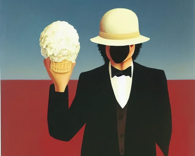 Image similar to Michael Jackson is giving you an icecream, painting by René Magritte