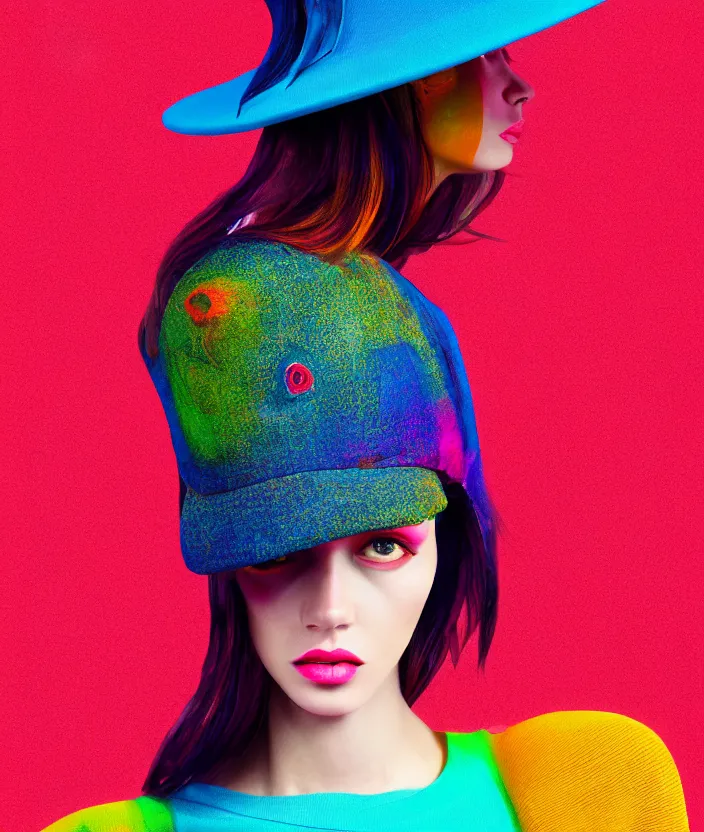 Prompt: one full portrait of a post modern fashion model with an exuberant neo bio hat, colorful, beautiful face, octane render, vray, detailed, half - toned, editorial illustration, matte print, grainy light, ( ( dither ) ), risograph, high contrast, screen print, grainy texture