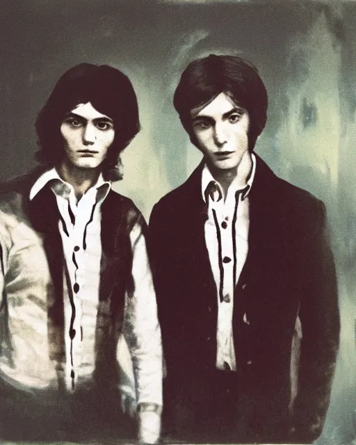 Prompt: an instant photo of two beautiful but sinister young men wearing oxford shirts in layers of fear, with haunted eyes and dark hair, 1 9 7 0 s, seventies, wallpaper, a little blood, morning light showing injuries, delicate embellishments, painterly, offset printing technique, by brom, robert henri, walter popp