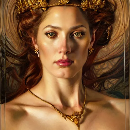 Prompt: highly detailed portrait of a majestic lioness queen in the form of a beautiful woman. d & d. art by donato giancola, eugene delacroix, anna dittmann, alberto vargas. trending on artstation, intricate details, energetic composition, golden ratio, concept art, illustration, elegant art, global illuminaition
