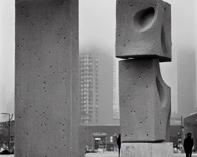 Prompt: by bruce davidson, andrew boog, mystical photography evocative. an fractal concrete brutalist carved sculpture, standing in a city center.