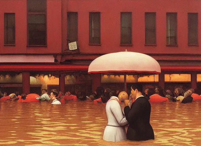 Prompt: spherical melting people kissing at flooded restaurant Edward Hopper and James Gilleard, Zdzislaw Beksinski highly detailed