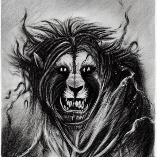 Image similar to Black and white drawing of Mufasa\'s death scene, Stephen Gammell style, evil, high detail, Scary Stories