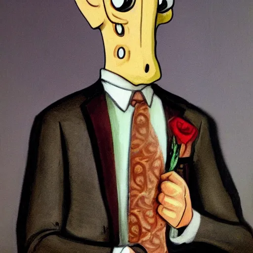 Prompt: handsome squidward, wearing an ornate suit, portrait style painting