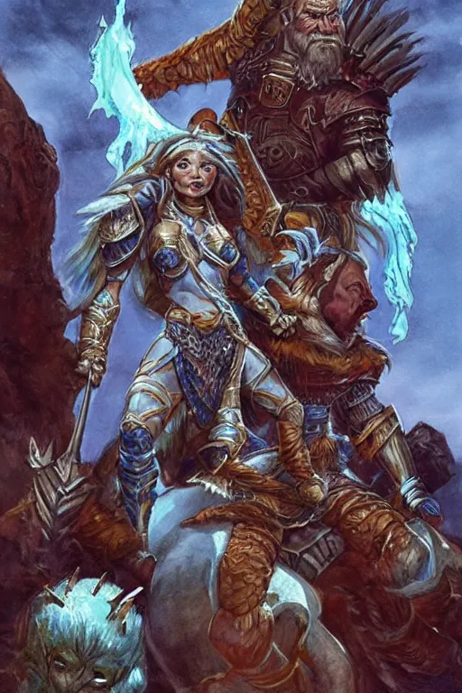 Image similar to a small blue-skinned triton girl wearing scale armor riding on a the shoulders of a large male goliath wearing fur and leather armor, dnd concept art, painting by Larry Elmore and ross tran