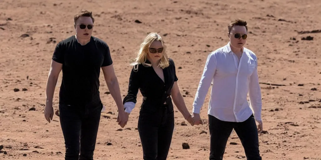 Image similar to elon musk and margot robbie holding hands on mars, highly detailed, hyper realistic