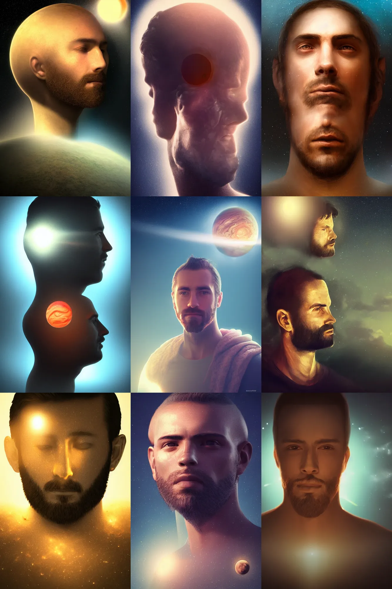 Prompt: A beautiful portrait of a man looking at the camera, with a head made of planet Jupiter, backlight, volumetric lighting, detailed, trending on artstation