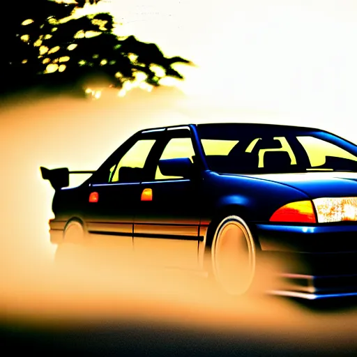 Image similar to a car JZX100 at illegal car meet, Chiba prefecture, city golden-hour mist lights, photorealistic, highly detailed, 85MM