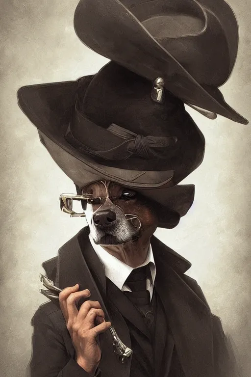 Prompt: portrait illustration of a dog as a italian mafia leader, intricate, elegant, highly detailed, digital painting, artstation, concept art, smooth, sharp focus, illustration, art by artgerm and greg rutkowski and alphonse mucha and william - adolphe bouguereau