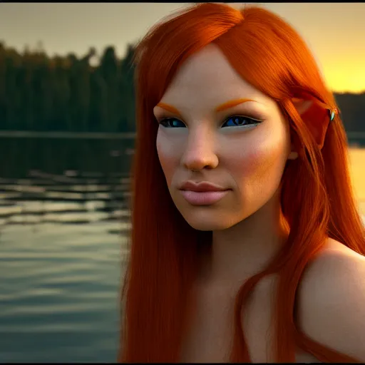 Prompt: beautiful female redhead elf warrior wearing tanned leather, sitting next to a beautiful lake at sunset, enjoying the wind, looking at the water. 8 k ultra realistic, award winning, unreal engine 5, masterpiece, atmosphere glow, hyperrealistic, focused, extreme details, cinematic