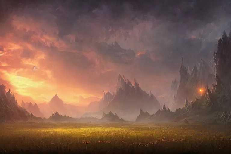 Image similar to high aerial cinematic fantasy painting, dungeons and dragons, a faerie village hovels, swamp reeds wetland marsh estuary, with sunset lighting ominous shadows by jessica rossier and brian froud cinematic painting