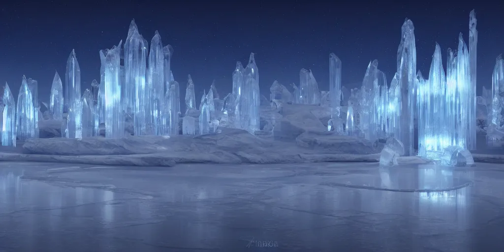 Prompt: very reflective ice palace, aurora sky, very reflective cinematic lighting, atmospheric lighting, focus, ultra realistic, detailed, award winning, trending on artstation, digital art