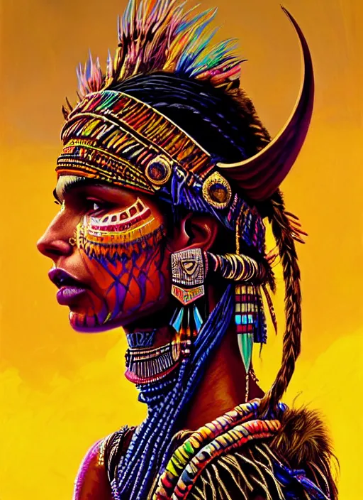 Prompt: portrait of zoe kravitz, hyper detailed ultra sharp aztec shaman warrior. trending on artstation, warpaint aesthetic, bloodwave, colorful, psychedelic, ornate, intricate, digital painting, concept art, smooth, sharp focus, illustration, art by artgerm and greg rutkowski and h. r. giger, 8 k