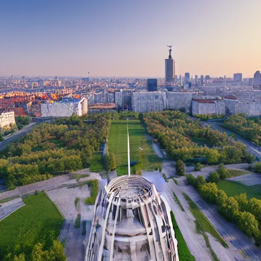 Image similar to aerial view of brutalist monument ( ( ( ( park ) ) ) ) spomenik, ( ( railings ) ), photo, 4 k