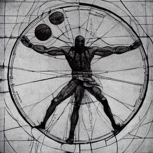 Prompt: Michael Jordan as the Vitruvian Man by leonardo da vinci, detailed, 8k, intricate blueprint