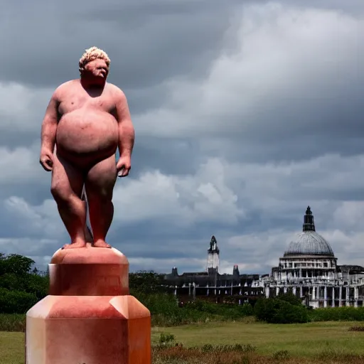 Prompt: a marble sculpture of a giant corpulent boris johnson standing astride the british isles on fire