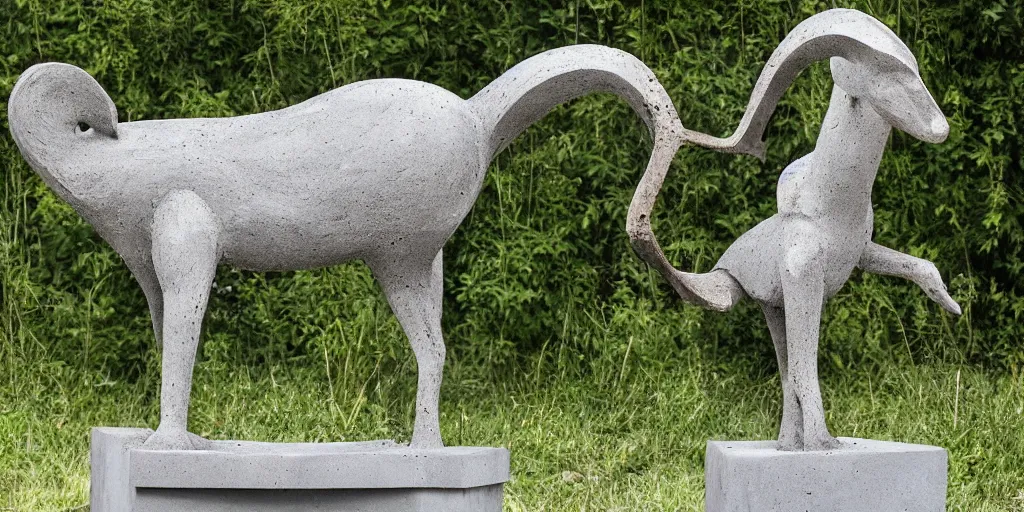 Image similar to art magazine photo, folk art garden sculptures, concrete sculpture of a capricorn, art by wouterina de raad!!!, art by james tellen, highly detailed, realistic anatomical proportions, amazing concrete sculpture, 4 k