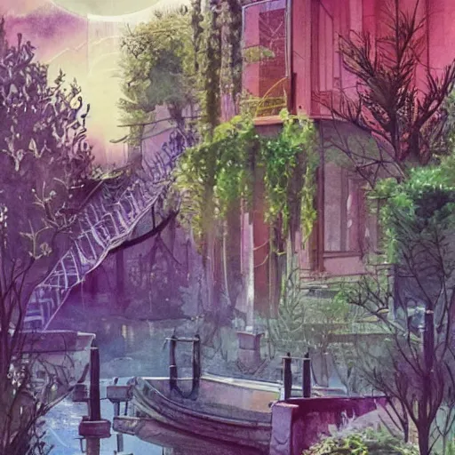 Image similar to Beautiful happy picturesque charming sci-fi town in harmony with nature. Beautiful light. Water and plants. Nice colour scheme, soft warm colour. Beautiful detailed watercolor by Lurid. (2022)