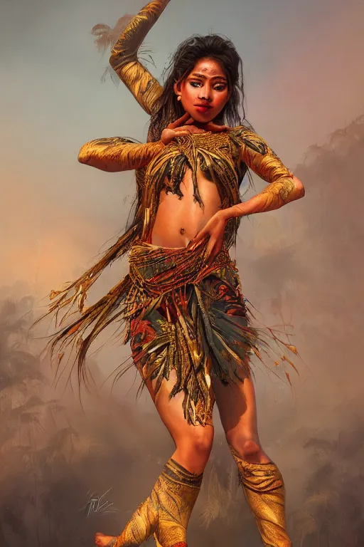 Prompt: stunningly beautiful, nepali dancer in jungle, symmetrical face, golden hour, smooth, focus, highly detailed, hyper realistic, dramatic lighting, elegant, intricate, concept art, art by wlop, mars ravelo, greg rutowski, artstation