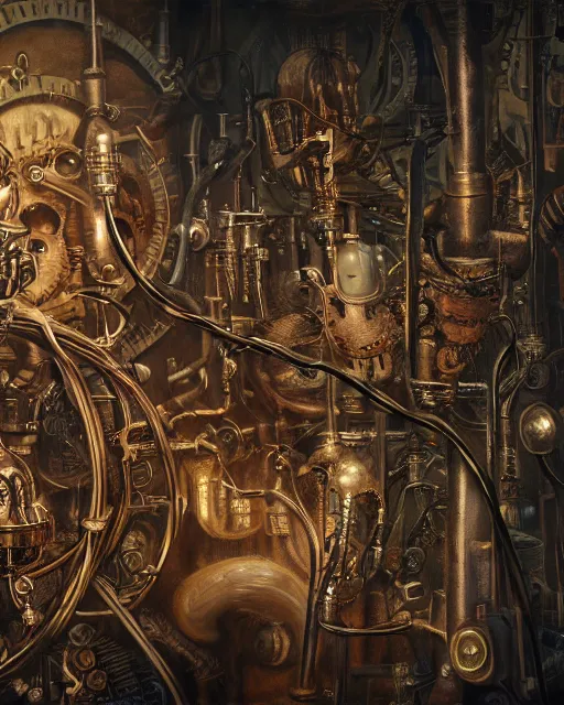 Prompt: beautiful strange detailed painting 8k resolution A steampunk skull with tubes wires and Dieselpunk scene by Paul Delvaux rendered in octane 8k