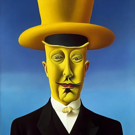 Image similar to a man wearing a top hat made of cheese, surrealism, by salvador dali and rene magritte, oil on canvas