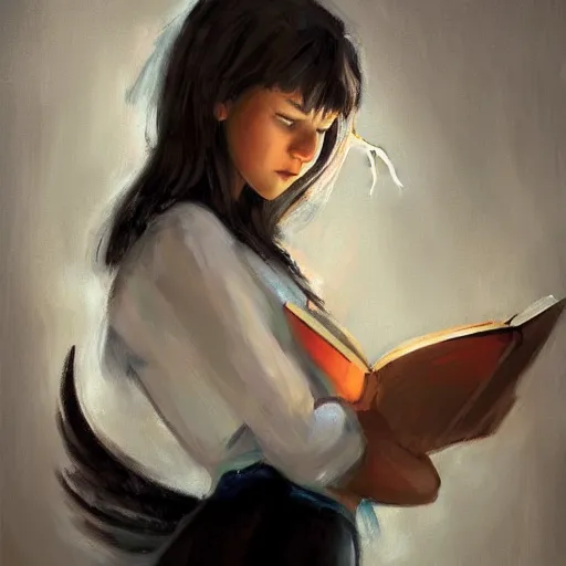 Prompt: catgirl studying from a textbook, expressive oil painting, emotions, beautiful lightning, digital art, trending on artstation