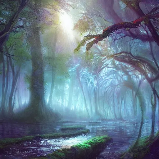 Image similar to a beutiful magical forest with a blue power source with runes on the side and a magical river by the side foggy realistic atmosferic casper david friedrich raphael lacoste vladimir kush leis royo volumetric light effect broad light oil painting painting fantasy art style sci - fi art style realism artwork unreal engine